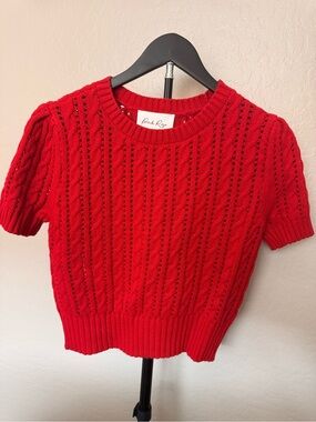 Pink Rose- Red Cable-Knit Short Sleeve Sweater -